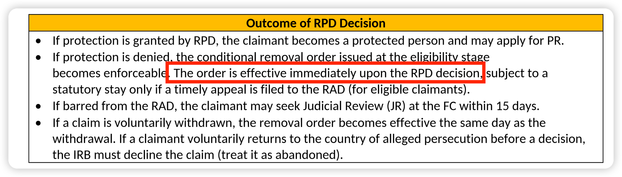 Original: order is effective immediately upon the RPD decision