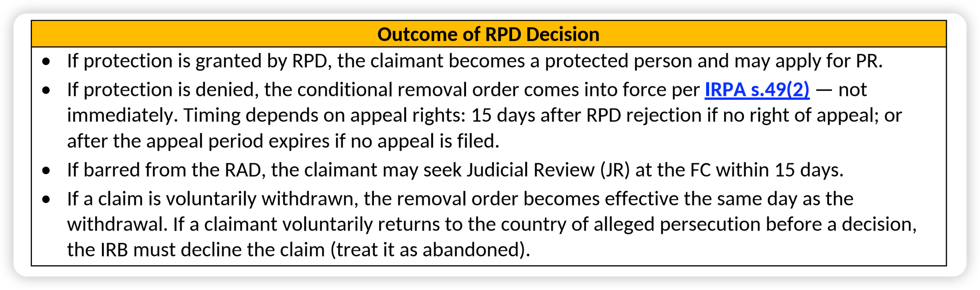 Updated: conditional removal order comes into force per IRPA s.49(2)